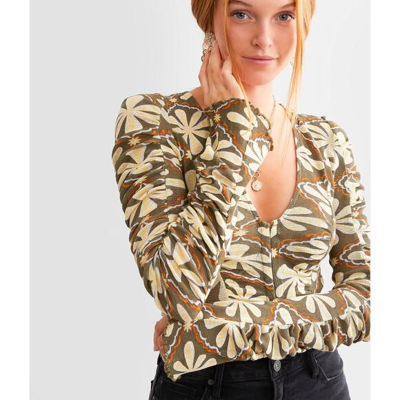 NWT Free People Through the Meadow Top Womens S Dried Basil Combo Floral Ruffle - Picture 1 of 6